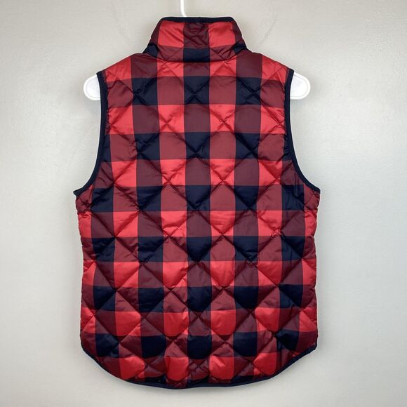 J Crew Vest Womens Small Red Black Buffalo Plaid Quilted Puffer Down Insulated - Picture 2 of 7
